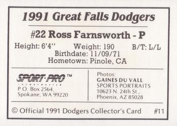 1991 Sport Pro Great Falls Dodgers #11 Ross Farnsworth Back
