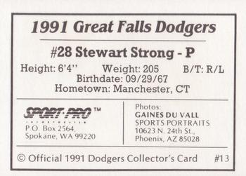1991 Sport Pro Great Falls Dodgers #13 Stewart Strong Back