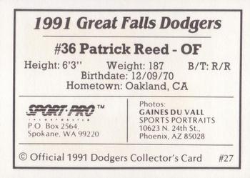 1991 Sport Pro Great Falls Dodgers #27 Patrick Reed Back