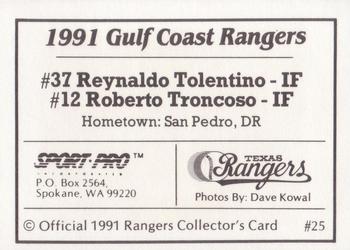 1991 Sport Pro Gulf Coast Rangers #25 Reynaldo Tolentino / Roberto Troncoso Back