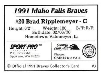 1991 Sport Pro Idaho Falls Braves #3 Brad Rippelmeyer Back