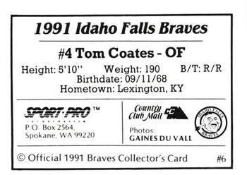 1991 Sport Pro Idaho Falls Braves #6 Tom Coates Back