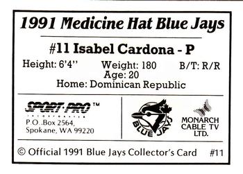 1991 Sport Pro Medicine Hat Blue Jays #11 Isbel Cardona Back