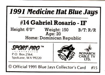 1991 Sport Pro Medicine Hat Blue Jays #15 Gabriel Rosario Back