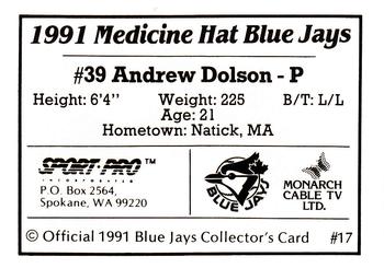 1991 Sport Pro Medicine Hat Blue Jays #17 Andrew Dolson Back