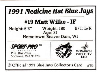 1991 Sport Pro Medicine Hat Blue Jays #18 Matt Wilke Back