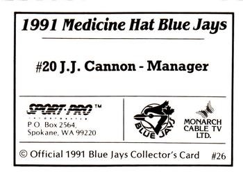 1991 Sport Pro Medicine Hat Blue Jays #26 J.J. Cannon Back