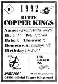 1992 Sport Pro Butte Copper Kings #6 Richard Aurilia Back