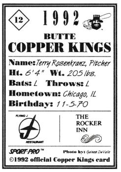 1992 Sport Pro Butte Copper Kings #12 Terry Rosenkranz Back
