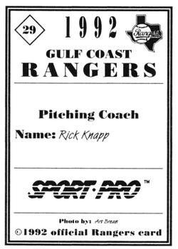 1992 Sport Pro Gulf Coast Rangers #29 Rick Knapp Back