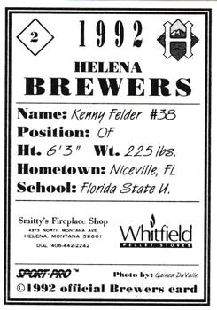 1992 Sport Pro Helena Brewers #2 Kenny Felder Back
