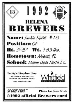1992 Sport Pro Helena Brewers #13 Jackie Ross Back