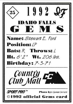 1992 Sport Pro Idaho Falls Gems #25 Stewart Ford Back