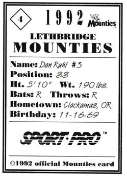 1992 Sport Pro Lethbridge Mounties #4 Dan Ruhl Back