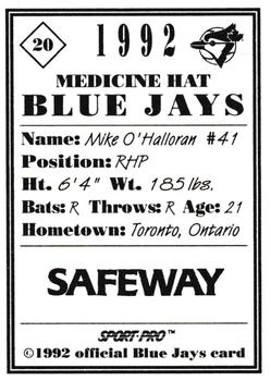 1992 Sport Pro Medicine Hat Blue Jays #20 Mike O'Halloran Back
