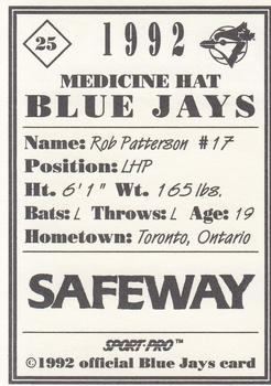 1992 Sport Pro Medicine Hat Blue Jays #25 Rob Patterson Back