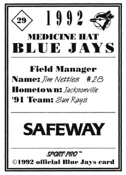 1992 Sport Pro Medicine Hat Blue Jays #29 Jim Nettles Back