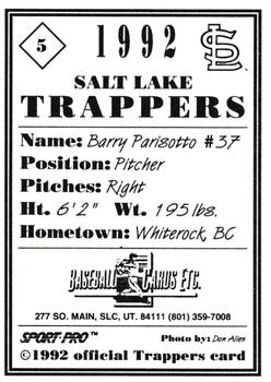 1992 Sport Pro Salt Lake Trappers #5 Barry Parisotto Back