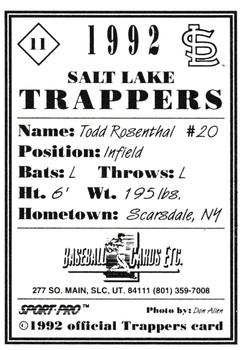 1992 Sport Pro Salt Lake Trappers #11 Todd Rosenthal Back