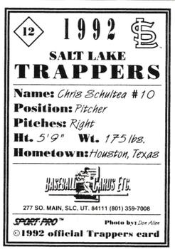 1992 Sport Pro Salt Lake Trappers #12 Chris Schultea Back