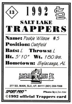 1992 Sport Pro Salt Lake Trappers #13 Pookie Wilson Back