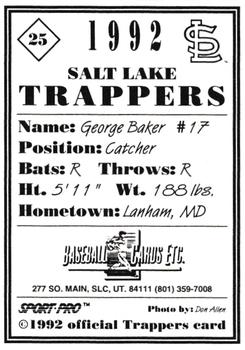1992 Sport Pro Salt Lake Trappers #25 George Baker Back