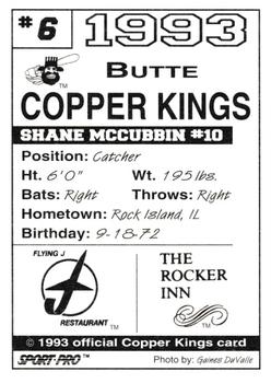 1993 Sport Pro Butte Copper Kings #6 Shane McCubbin Back