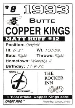 1993 Sport Pro Butte Copper Kings #8 Matt Huff Back