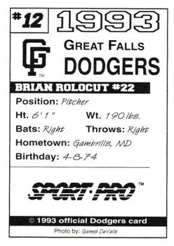1993 Sport Pro Great Falls Dodgers #12 Brian Rolocut Back