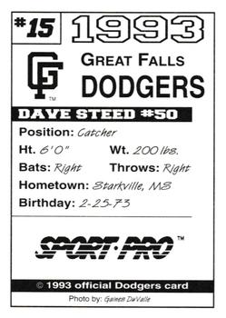 1993 Sport Pro Great Falls Dodgers #15 Dave Steed Back