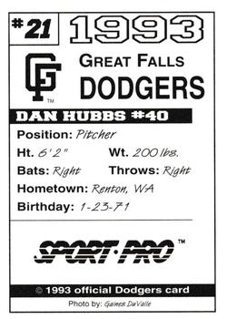1993 Sport Pro Great Falls Dodgers #21 Dan Hubbs Back