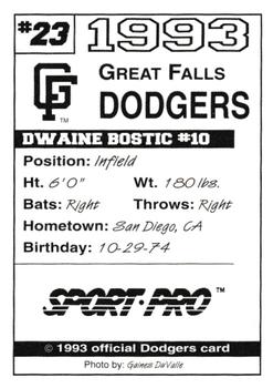 1993 Sport Pro Great Falls Dodgers #23 Dwaine Bostic Back