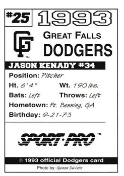 1993 Sport Pro Great Falls Dodgers #25 Jason Kenady Back