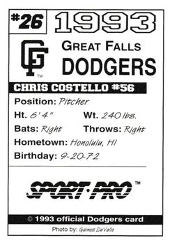 1993 Sport Pro Great Falls Dodgers #26 Chris Costello Back