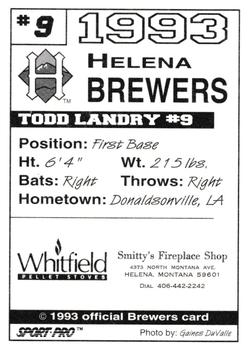 1993 Sport Pro Helena Brewers #9 Todd Landry Back