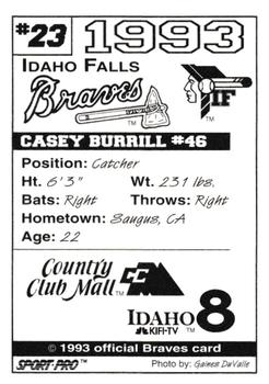 1993 Sport Pro Idaho Falls Braves #23 Casey Burrill Back
