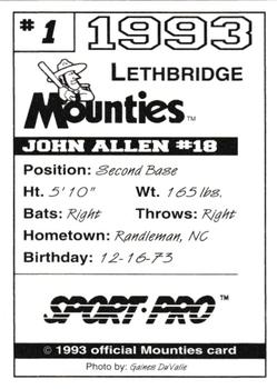 1993 Sport Pro Lethbridge Mounties #1 John Allen Back
