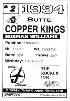 1994 Sport Pro Butte Copper Kings #2 Norman Williams Back