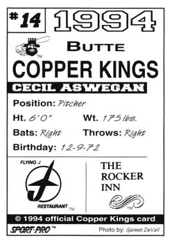1994 Sport Pro Butte Copper Kings #14 Cecil Aswegan Back