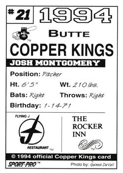 1994 Sport Pro Butte Copper Kings #21 Josh Montgomery Back