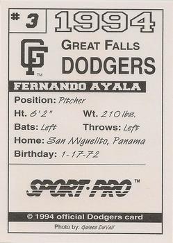 1994 Sport Pro Great Falls Dodgers #3 Fernando Ayala Back