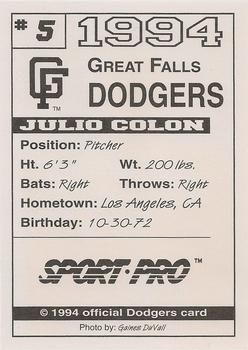 1994 Sport Pro Great Falls Dodgers #5 Julio Colon Back