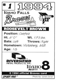 1994 Sport Pro Idaho Falls Braves #1 Roosevelt Brown Back