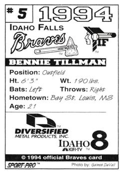 1994 Sport Pro Idaho Falls Braves #5 Bennie Tillman Back