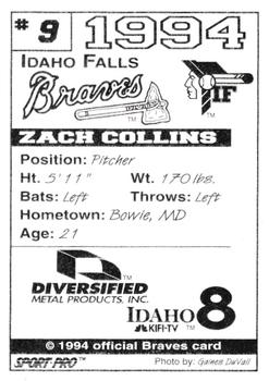 1994 Sport Pro Idaho Falls Braves #9 Zach Collins Back