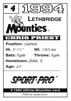 1994 Sport Pro Lethbridge Mounties #4 Chris Priest Back