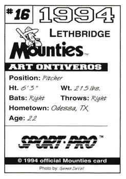 1994 Sport Pro Lethbridge Mounties #16 Art Ontiveros Back