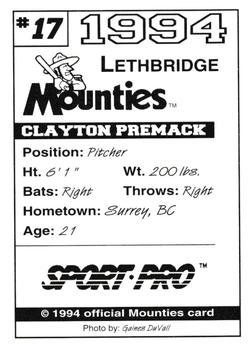 1994 Sport Pro Lethbridge Mounties #17 Clayton Premack Back