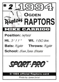 1994 Sport Pro Ogden Raptors #2 Mike Carrigg Back