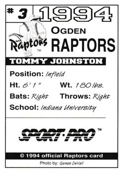 1994 Sport Pro Ogden Raptors #3 Tommy Johnston Back